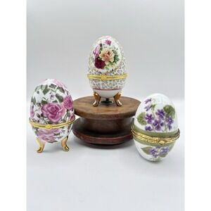 Lot Of 3 Hinged Porcelain Egg Trinket Boxes Gold Trim Footed Floral Easter Decor